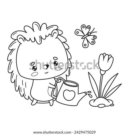 Cute hedgehog gardener with butterfly and garden watering can waters flower. Vector illustration. Animal outline kawaii character. Line drawing, coloring book. Kids collection