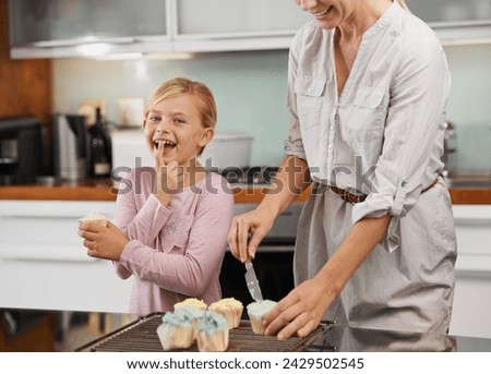 Mother, hands or child baking in kitchen or happy family with a young girl learning cupcake recipe. Portrait, daughter or mom in home with muffin or smile for helping or teaching kid for development