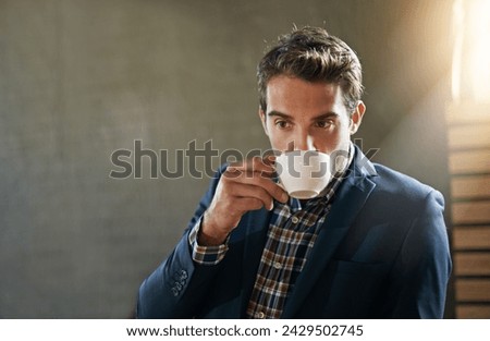 Businessman, coffee shop and drinking while thinking in morning for corporate enterprise career, deep thoughts and wondering with mug. Male person, idea and contemplating for decision with beverage Royalty-Free Stock Photo #2429502745