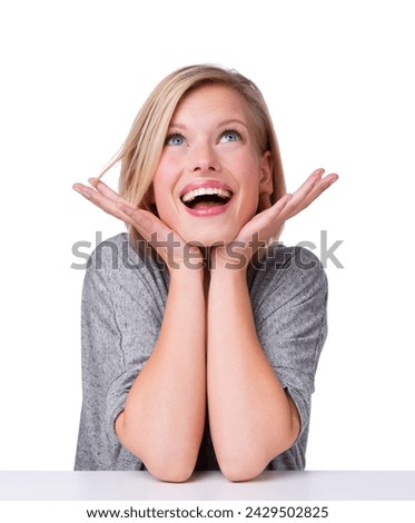 Woman, surprised and happy in studio for deals, discount announcement and wow customer expression for sale. Notification, omg for good news and smile model on white background with mockup space Royalty-Free Stock Photo #2429502825