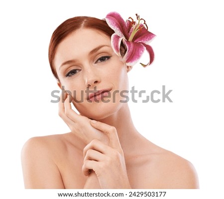 Beauty, flower and portrait of woman in studio with natural, organic and skincare routine for wellness. Cosmetic, glow and person with floral plant for face dermatology treatment by white background. Royalty-Free Stock Photo #2429503177