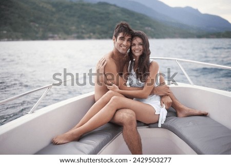 Couple, portrait and boat with lake, water and nature for love and summer travel. Man, woman and holiday with adventure, happiness and relationship with date or honeymoon for ocean journey or trip Royalty-Free Stock Photo #2429503277