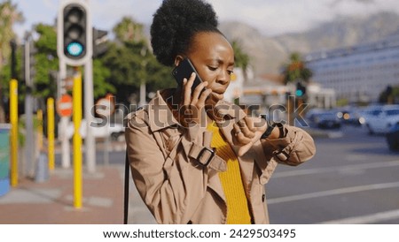 Woman, time and late on street, phone call or frustrated with stress or communication. Black designer, watch and south africa city with chat, network or discussion worried for career or schedule Royalty-Free Stock Photo #2429503495