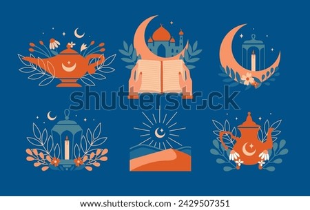 Set of islamic clip arts in boho style. Vector illustrations with mosque, lamp, lantern, teapot, crescent, star, plants, flowers, arabian landscape, hands holding koran. Collection oriental stickers