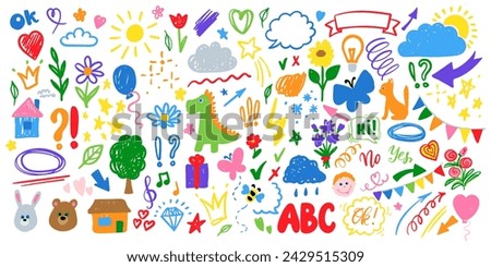 Cute kid scribble line flower, heart. rainbow background. Hand drawn doodle sketch childish element set. children draw style design elements background. Vector illustration with cute animals