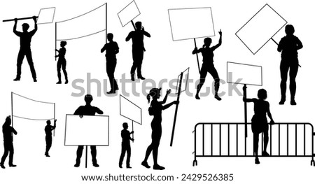Protestors or demonstrators men and women. At a demonstration march, picketing line or strike protest rally in silhouette. Holding banners, picket signs and megaphone or mega phone. Royalty-Free Stock Photo #2429526385