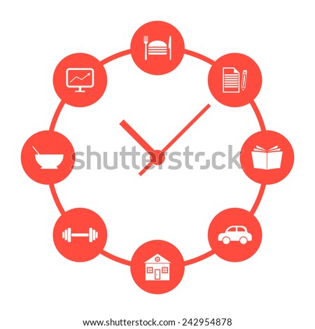 concept of daily routine with red simple watches. conceptual of time passes, infographics and ordinary life. isolated on white background. flat style trendy modern logo design vector illustration Royalty-Free Stock Photo #242954878
