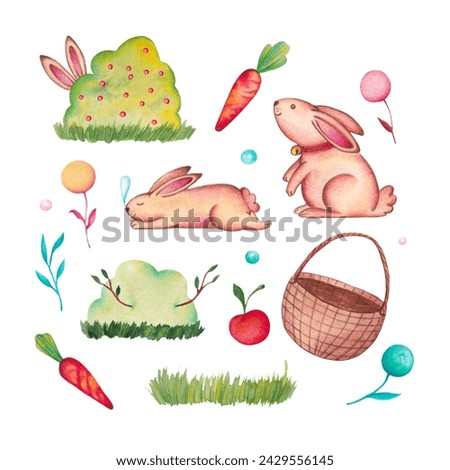 Spring Set with Hand Drawn Rabbits and Plants. Clip Art with Bunnies and Carrots. Illustration of hares and bushes. Images of Cute Animals in Nature