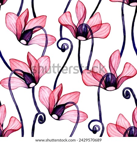 transparent cyclamen flowers. watercolor seamless pattern of tropical flowers, x-ray