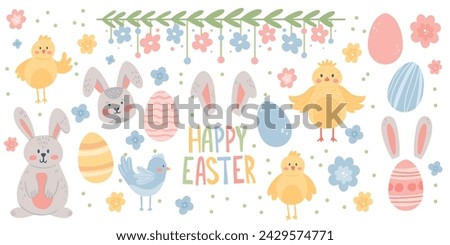 Set of Happy Easter elements. Cute Hand Drawn Eggs, Bunny, Chicken and other. Spring Aesthetic Stickers
