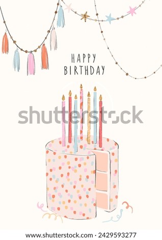 Beautiful hand drawn birthday party clip art stock illustration. Cake with candles.