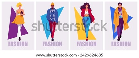 Male and female models dressed in haute couture clothing on fashion show. Flat vector posters