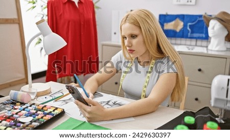 A concentrated blonde woman uses a smartphone in a tailor shop surrounded by fashion sketches and sewing items.