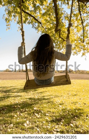 Unrecognizable woman swinging in the forest, playtime during the sunset Royalty-Free Stock Photo #2429631201