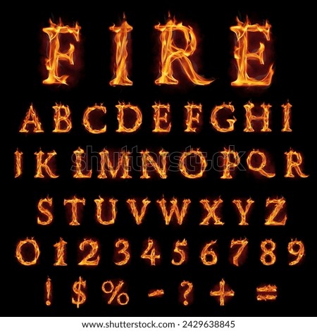 Stylish set of fire alphabet, all letters, numbers and main symbols made of fire flames, with red smoke behind. Hot metal font in flames, isolated on black