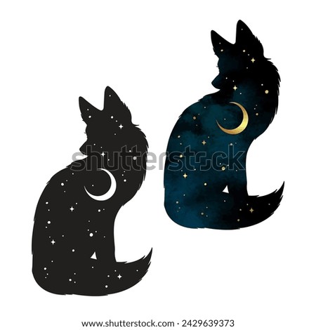 Silhouette of kitsune fox magic animal with night sky with crescent moon gothic tattoo design isolated vector illustration