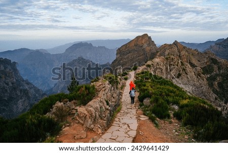 Beautiful hiking trail from Pico do Arieiro to Pico Ruivo, Madeira island. Footpath PR1 - Vereda do Areeiro. On summy summer day above the clouds. Portugal. Royalty-Free Stock Photo #2429641429