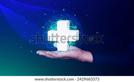 Businessman holding plus icon for health care medical, icon virtual medical health care with medical network connection, health care awareness rising growth of medical health and life insurance 