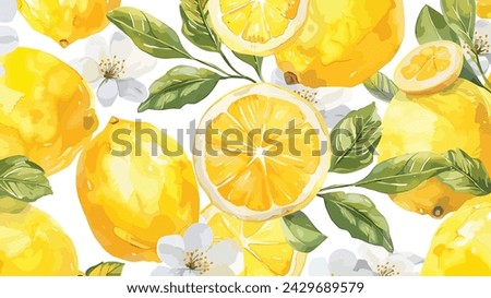 Lemon seamless border fruit illustration, cute citrus watercolor jpeg repeat digital file on a white background close up Royalty-Free Stock Photo #2429689579