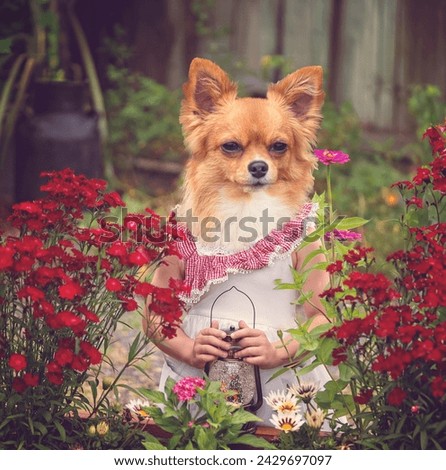 A composite picture of a chihuahua's head on top of the image of a small girl in a garden