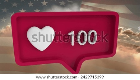 Image of heart icon with numbers on speech bubble with flag of usa. global social media and communication concept digitally generated image.