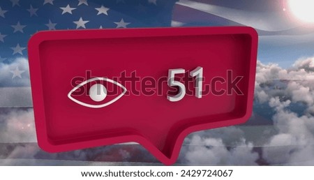 Image of eye icon with numbers on speech bubble with flag of usa. global social media and communication concept digitally generated image.