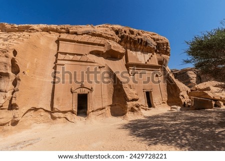 Rock cut tombs 39 and 40 in Jabal Al Banat hill at Hegra (Mada'in Salih) site near Al Ula, Saudi Arabia