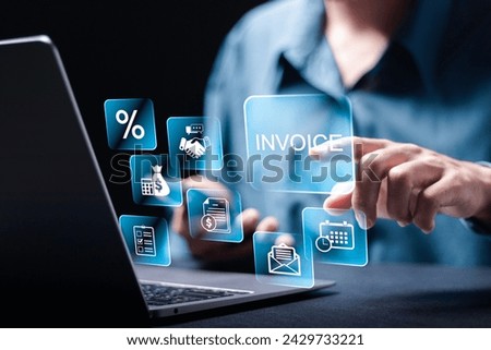 Invoice and online digital statements concept. Person using laptop with invoice icons on virtual screen.
