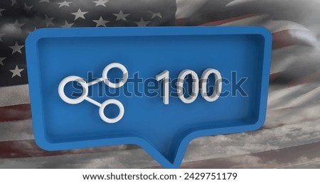 Image of share icon with numbers on speech bubble with flag of usa. global social media and communication concept digitally generated image.