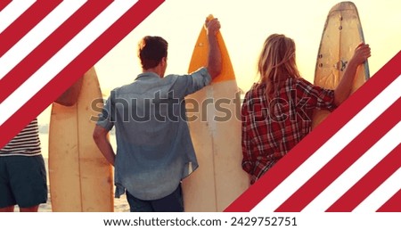 Image of flag of usa over caucasian friends with surfboards on beach in summer. Usa, american patriotism, national flag and lifestyle concept digitally generated image.