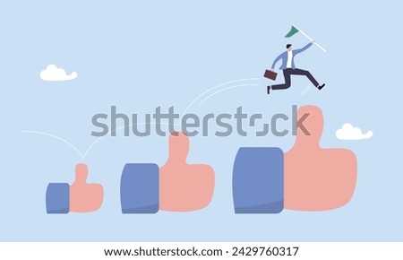 Happy businessman holding winner flag jumping up growing thumbs up sign, Career growth development, achievement, job improvement or promotion, appreciation or praise for success employee concept Royalty-Free Stock Photo #2429760317