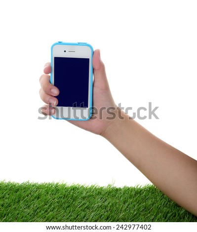 Hand holding and operating a smart phone isolated on white