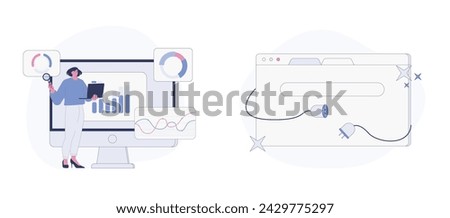 Data Analysis and Web Connection. Flat Cartoon Vector Illustration. Vector illustration, suitable for web landing page, ui, mobile app.