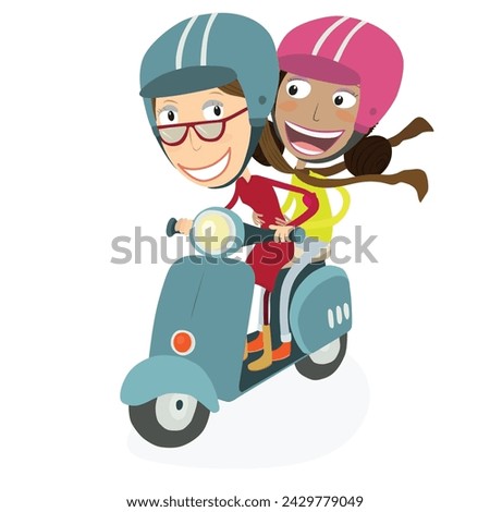 Woman and funny girl driving a scooter. Vector Illustration