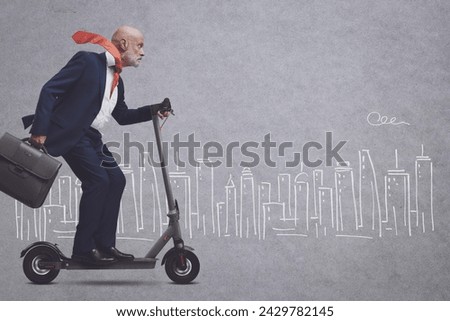 Corporate businessman riding an eco-friendly electric scooter and sketched city in the background, smart mobility concept