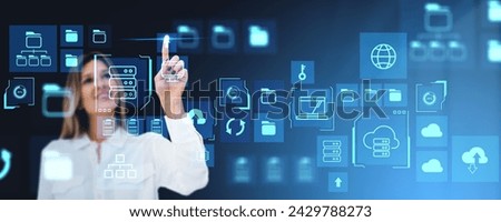 Woman finger touch big data exchange hologram, digital folders and files cloud storage, documents transfer. Concept of server with global database and security