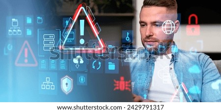 Man working with computer, big data security hologram, warning and padlock signs. Digital folders with files, cloud storage and transfer. Concept of cybersecurity and antivirus