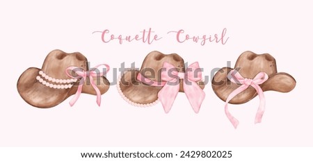 Watercolor Coquette Cowgirl Hat with pink ribbon bow collection. Feminine cowboy hat Whimsical Illustration banner.