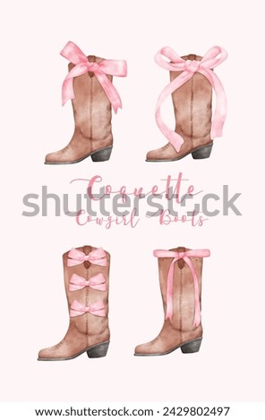 Coquette Cowgirl Boots with Pink ribbon Bow Watercolor set. Retro Aesthetic Hand Painted Illustration.