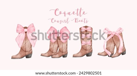 Coquette Cowgirl Boots with Pink ribbon Bow Watercolor set. Retro Aesthetic Hand Painted Illustration banner