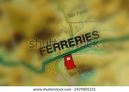 Ferreries in Menorca, Spain city town centre map of district atlas name tilt-shift