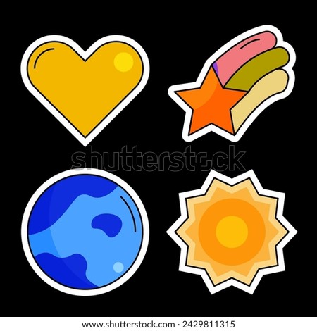 sticker set cartoon, cute clip art, love, star, earth, sun