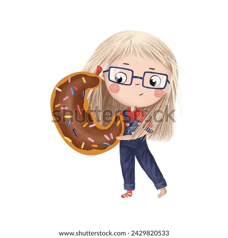 Cute little girl with chocolate donut- letter C on white background. Learn alphabet clip art collection on white background
