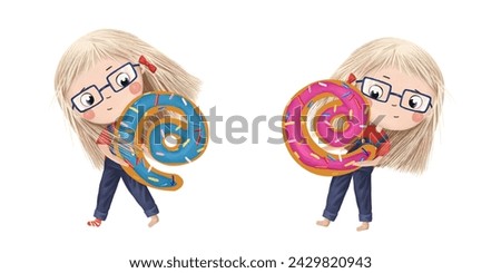 Cute little girl with chocolate donut- At sign. Tasty set on white background. Learn alphabet clip art collection on white background