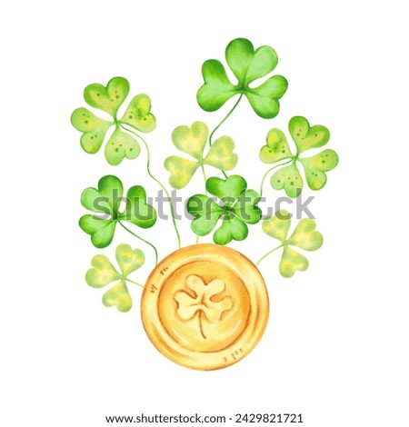 Gold coin with clover for St. Patrick's Day. Illustration with watercolors and markers. Clip art composition of luck, wealth or success.Hand drawn isolated art. Sketch of classic retro vintage style.