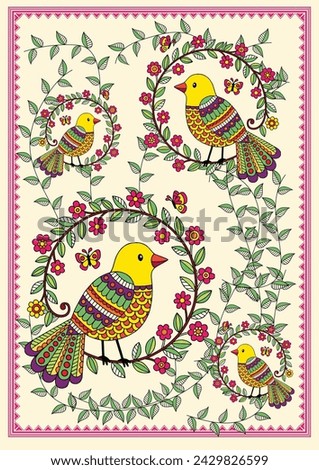 Symphony of Nature - A Vibrant Madhubani Celebration of Birds, Butterflies, and Trees, Blooming Sanctuary - A Handpainted Madhubani Journey Through a Flourishing Forest. Royalty-Free Stock Photo #2429826599