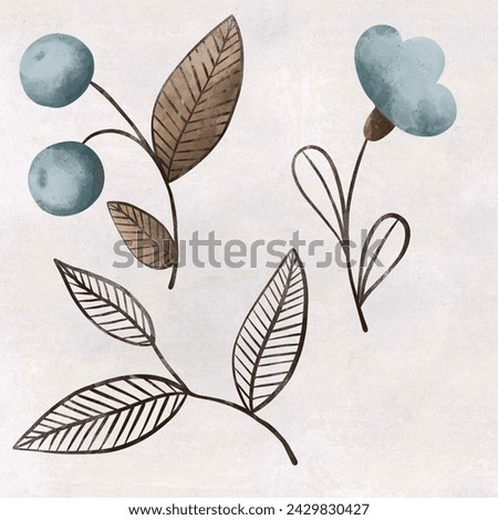 watercolor foliage isolated clip art of leaves and flowers, blue, beige, line