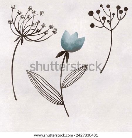 watercolor foliage isolated clip art of leaves and flowers, blue, beige, line