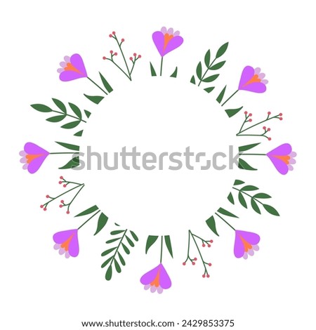 Floral spring frame with place for text. Crocus bulbous flower. Template for invitation, greeting card. Great for birthday, mom's day, wedding. Wreath, background isolated on white. Royalty-Free Stock Photo #2429853375