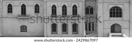 Background for design, texture walls and windows of houses, building facades. Georgia orthodox church, public places. arched Classic windows in granite exterior wall. small arched windows protected